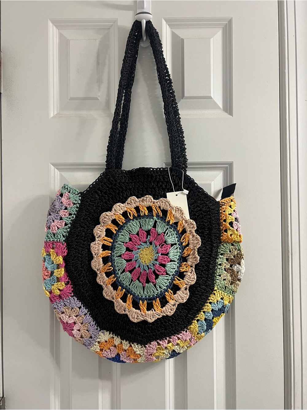 Bohemian NWT Mandolin Black Straw Round Tote with Multicolor Accents